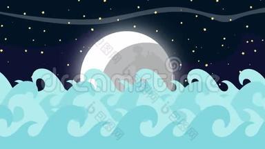 全月星夜的卡通矢量海波
